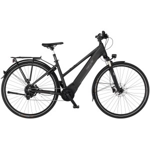 Schwarzes Fischer E-Bike Viator 6.0i mit Trapezrahmen und Gepäckträger.