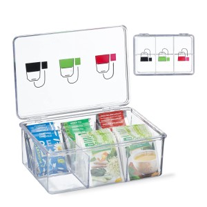 Relaxdays Teebox Kunststoff Transparent mit 6 Fächern Klappdeckel 9 cm x 21,5 cm x 15 cm 260 g