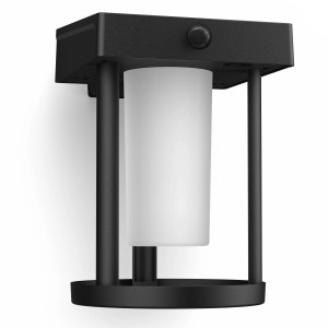 Matte, schwarze Philips Solar-Wandleuchte Camill mit zylindrischem Lampenschirm.