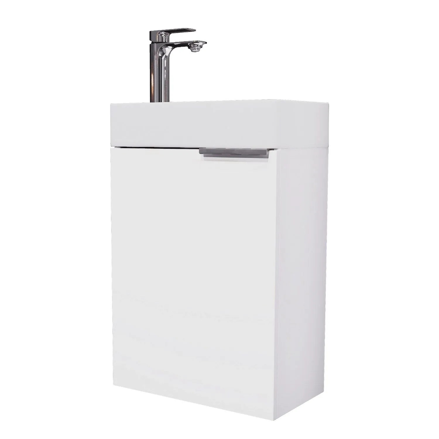 Planetmöbel Waschbeckenunterschrank 40 cm Weiß mit Keramikwaschbecken Armatur Chrom Soft Close