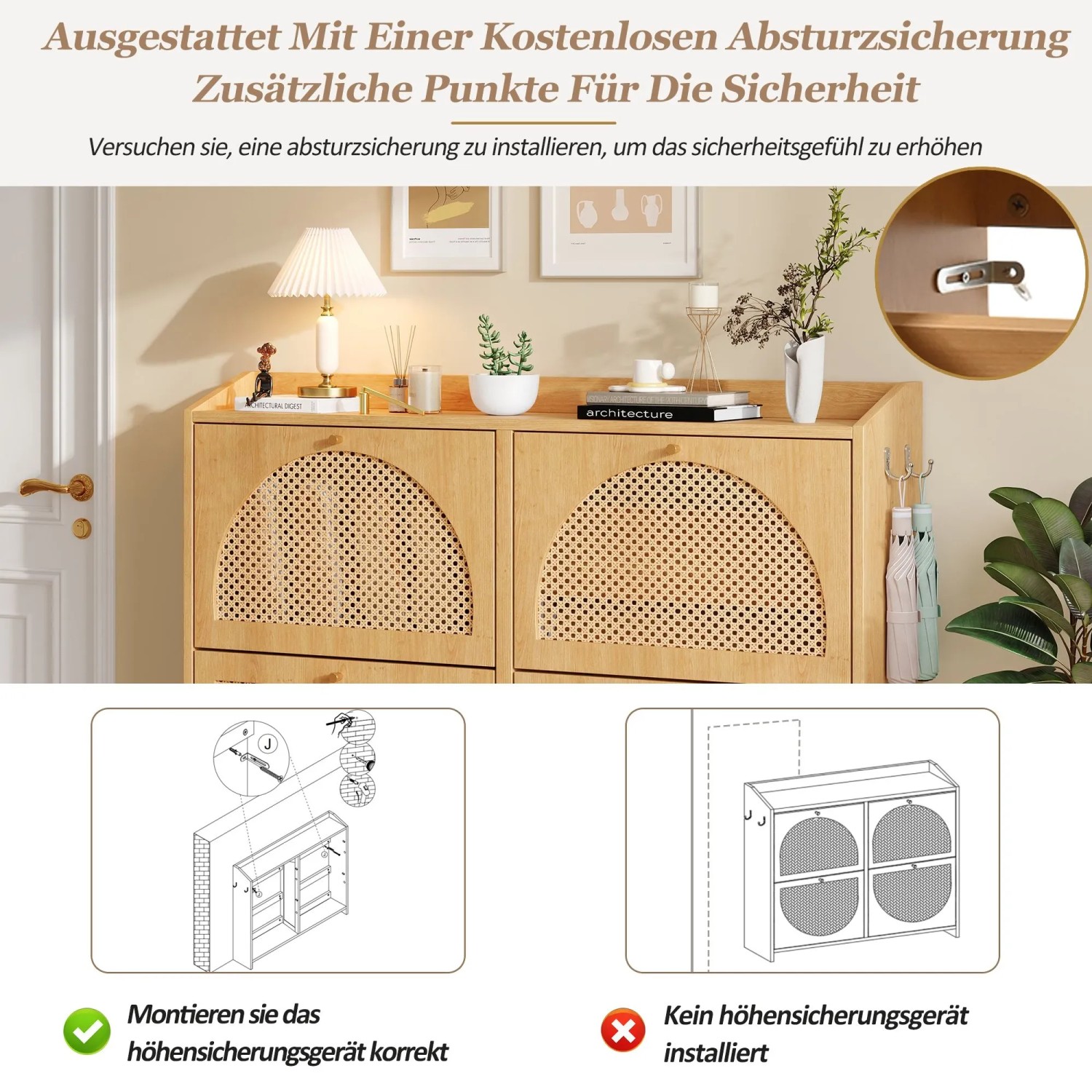 Merax Schuhschrank 120x24x90 cm Natur Holzoptik. 4 Klapptüren im Rattan-Stil, 8 Fächer. Mit Absturzsicherung.