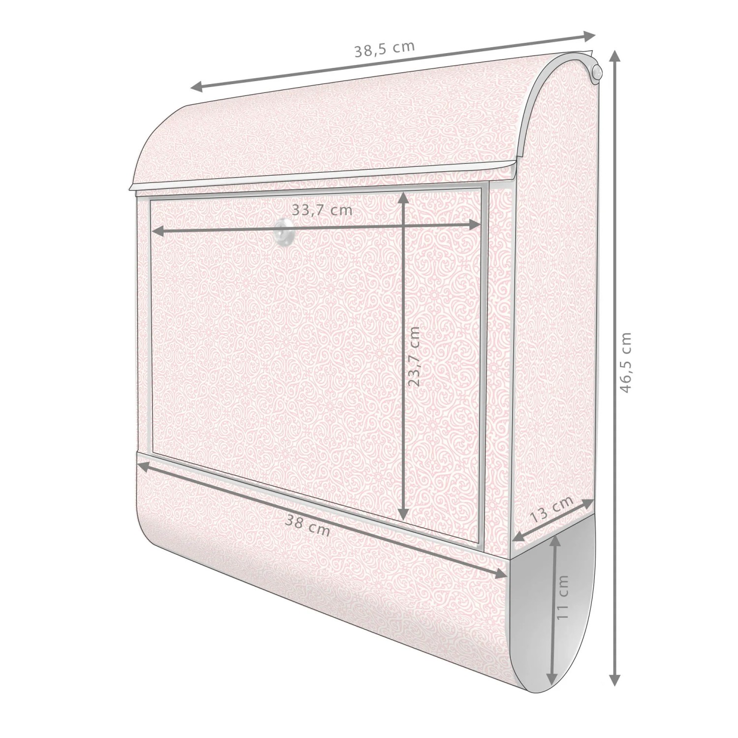 Banjado Design Briefkasten Silber mit rosa Arabesque Motiv und Zeitungsfach, 39x47x14cm.