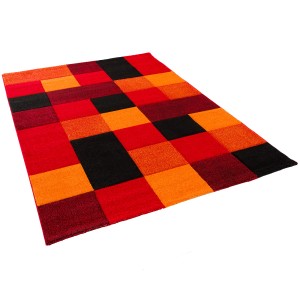 Pergamon Designer Teppich Brilliant Karo in Rot, Orange und Schwarz, 160x230cm.