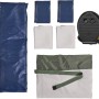 Zubehör für SoBuy Feldbett Campingzelt: blaue Luftmatratze, Fußpumpe, Kissen, Bezüge, Tragetasche.