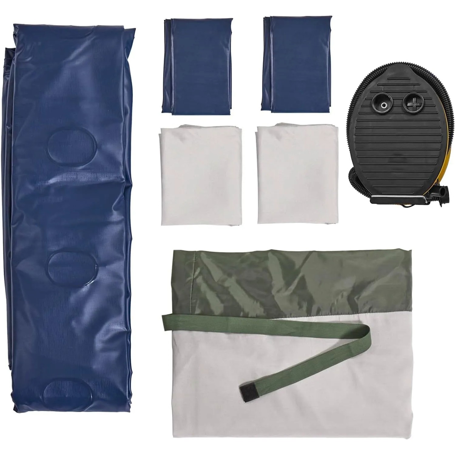 Zubehör für SoBuy Feldbett Campingzelt: blaue Luftmatratze, Fußpumpe, Kissen, Bezüge, Tragetasche.