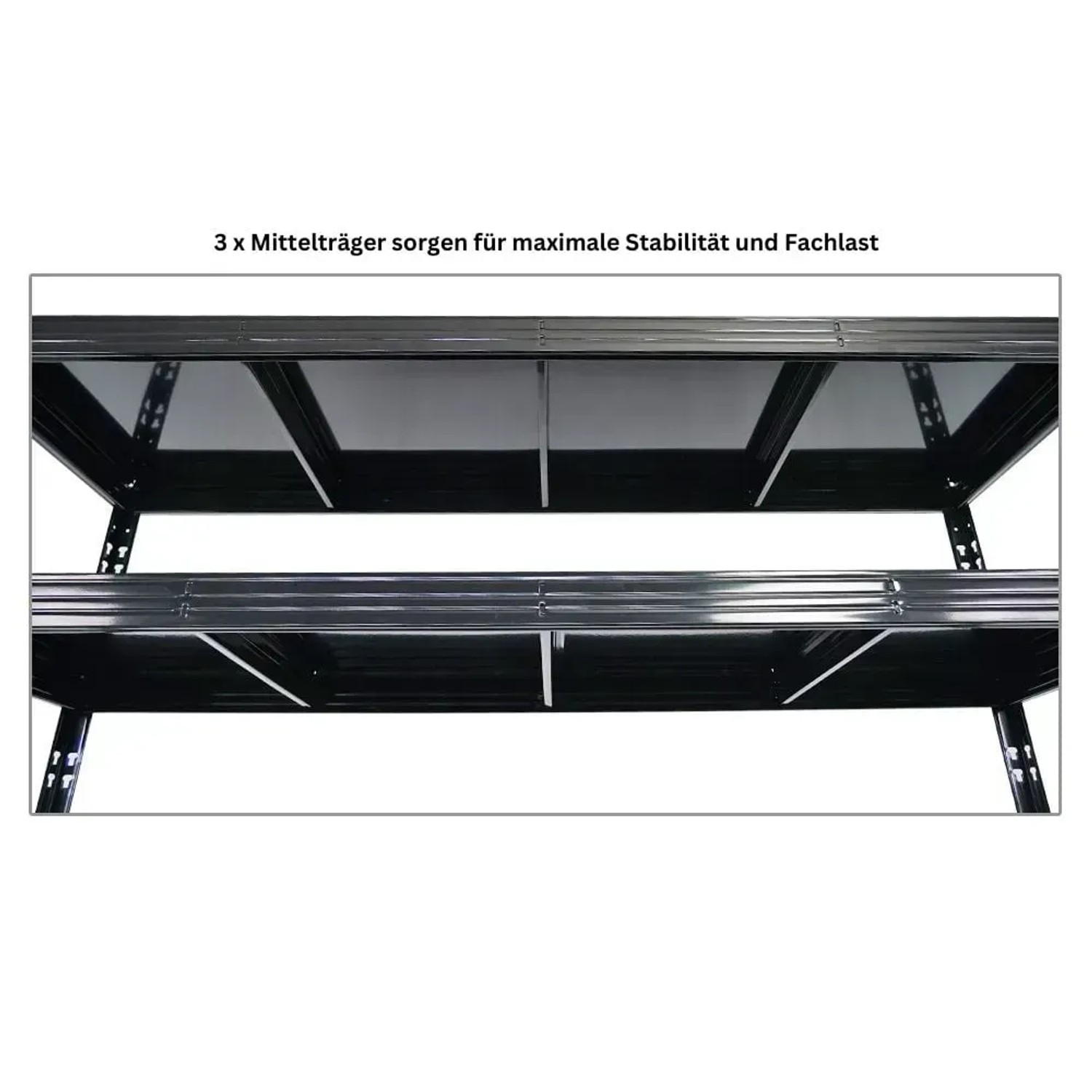 Detailansicht: Schwarzes PROREGAL Schwerlastregal Rhino mit Stahlplatten-Ebenen und Mittelträgern.