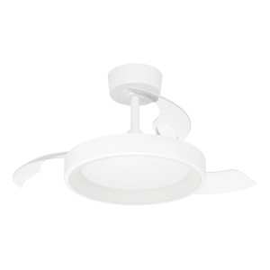 Weißer Eglo LED-Deckenventilator Torreya mit eingezogenen transparenten Flügeln, wirkt wie eine moderne Deckenleuchte.