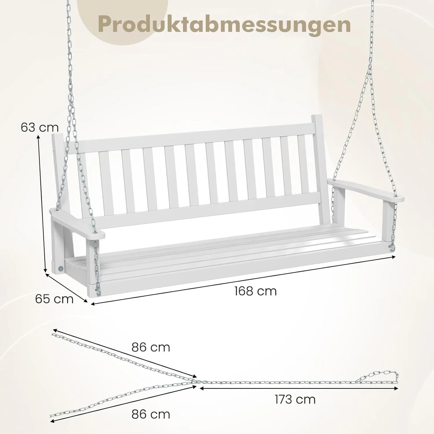 Costway Hängebank Aus Massivholz 3-Sitzer Gartenschaukel Zum Aufhängen Weiß_3