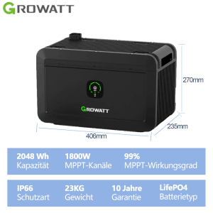 Growatt Noah 2000 Solarspeicher: 2048Wh, Lifepo4, 1800W PV-Eingang, Smart App, IP66.