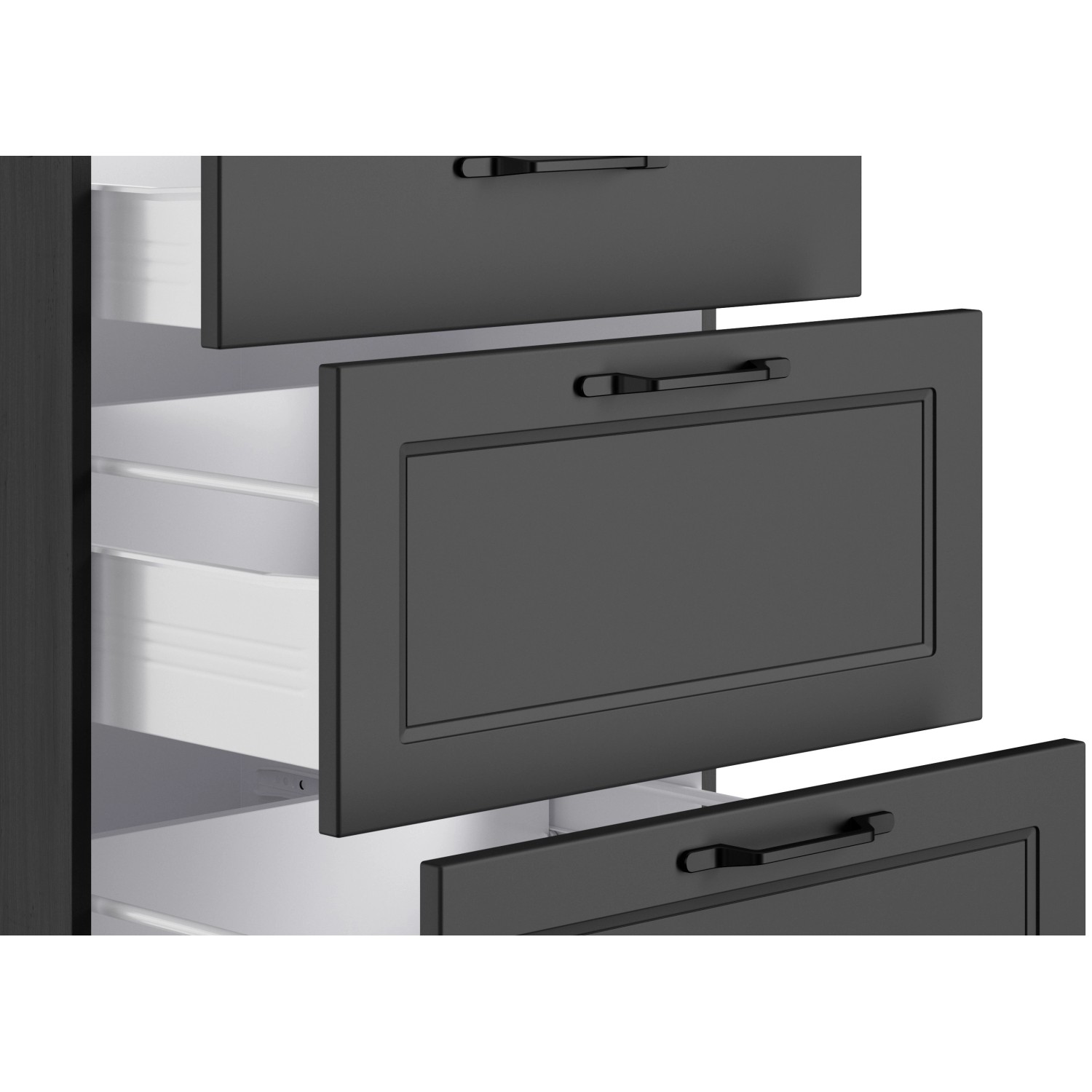 Küchenzeile Kempten: Detailansicht der grauen Schubladen mit schwarzen Griffen.