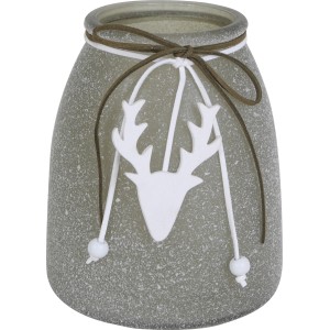 Grüner Teelichthalter aus Glas (15 cm) mit Hirsch-Motiv als Weihnachtsdeko.