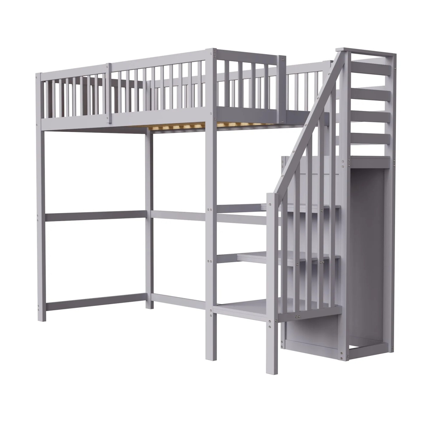 okwish Hochbett 90x200cm mit Treppe und Aufbewahrungsregal Grau ohne Matratze