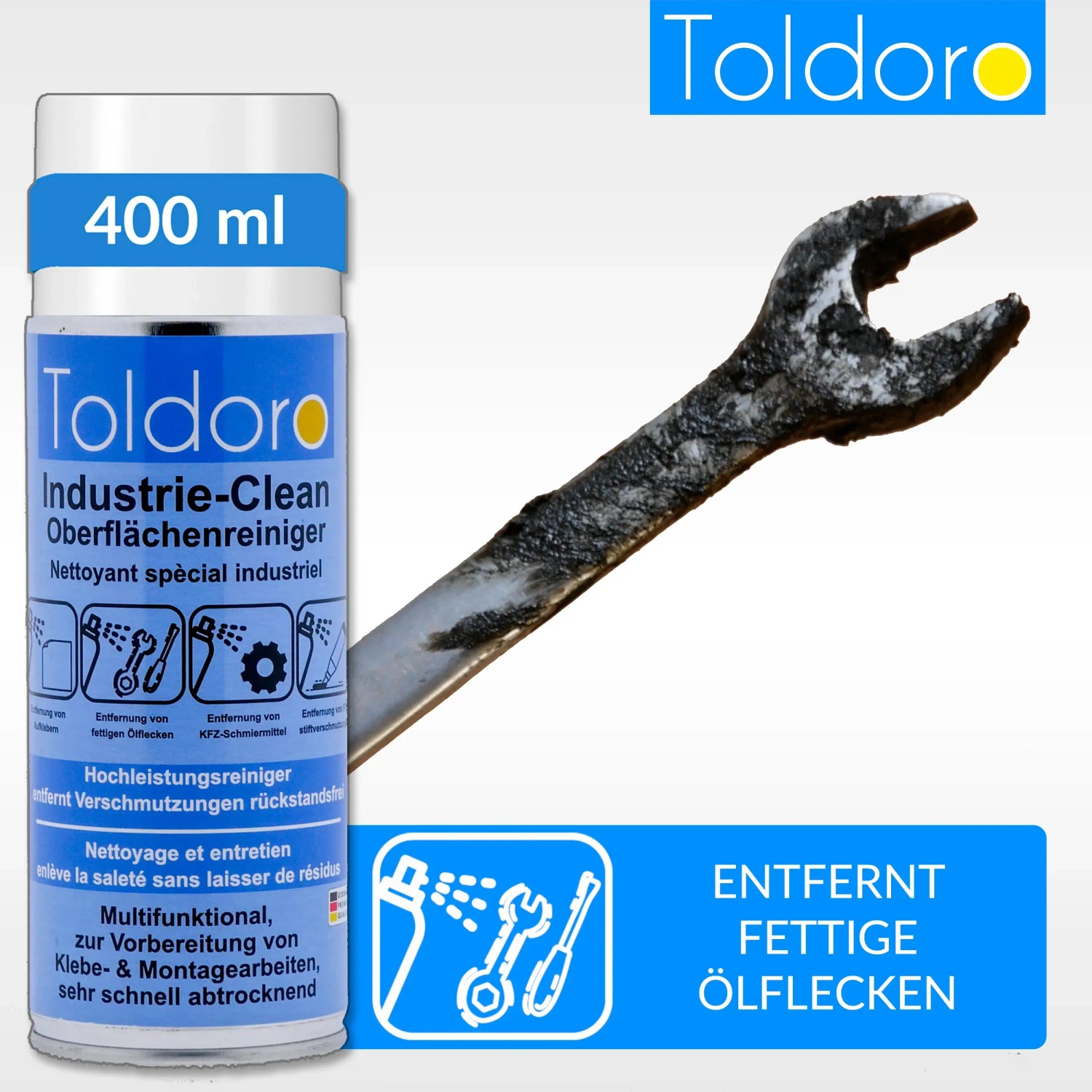 Toldoro Industriereiniger, 6x400ml Spray, mit ölverschmutztem Schraubenschlüssel. Reiniger für Werkstatt & Industrie.