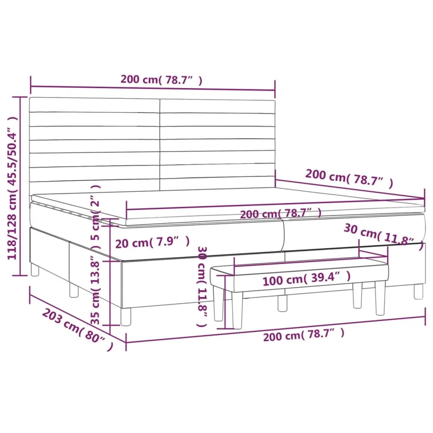 Dunkelgraues vidaXL Boxspringbett 200x200 cm mit Matratze und Bank, Samtbezug.