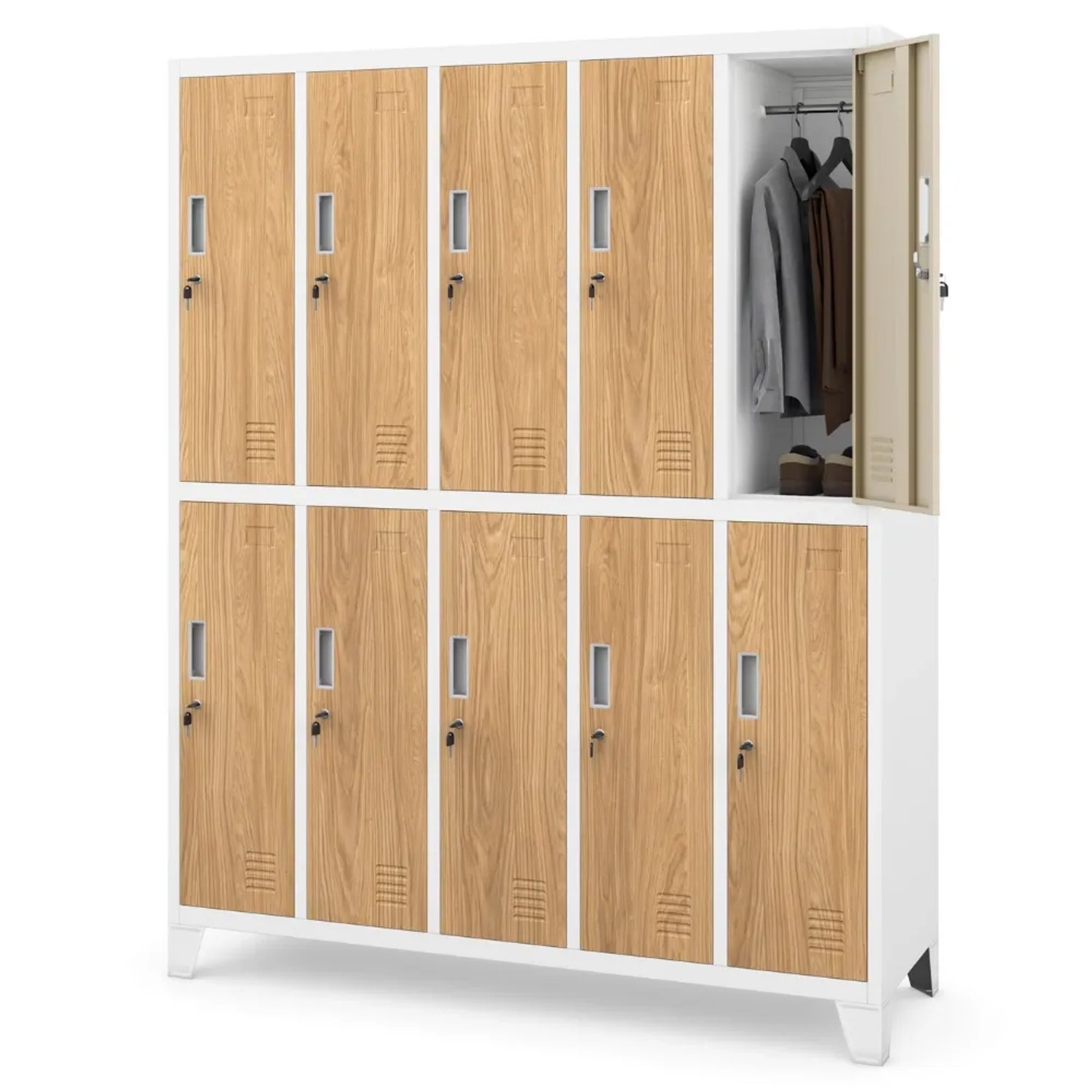 JAN NOWAK Umkleideschrank Spind BARTEK 10 Abteile Etikettenhalter Umkleidespind Schließfachschrank 172x136x45cm Weiß-Goldene Eiche