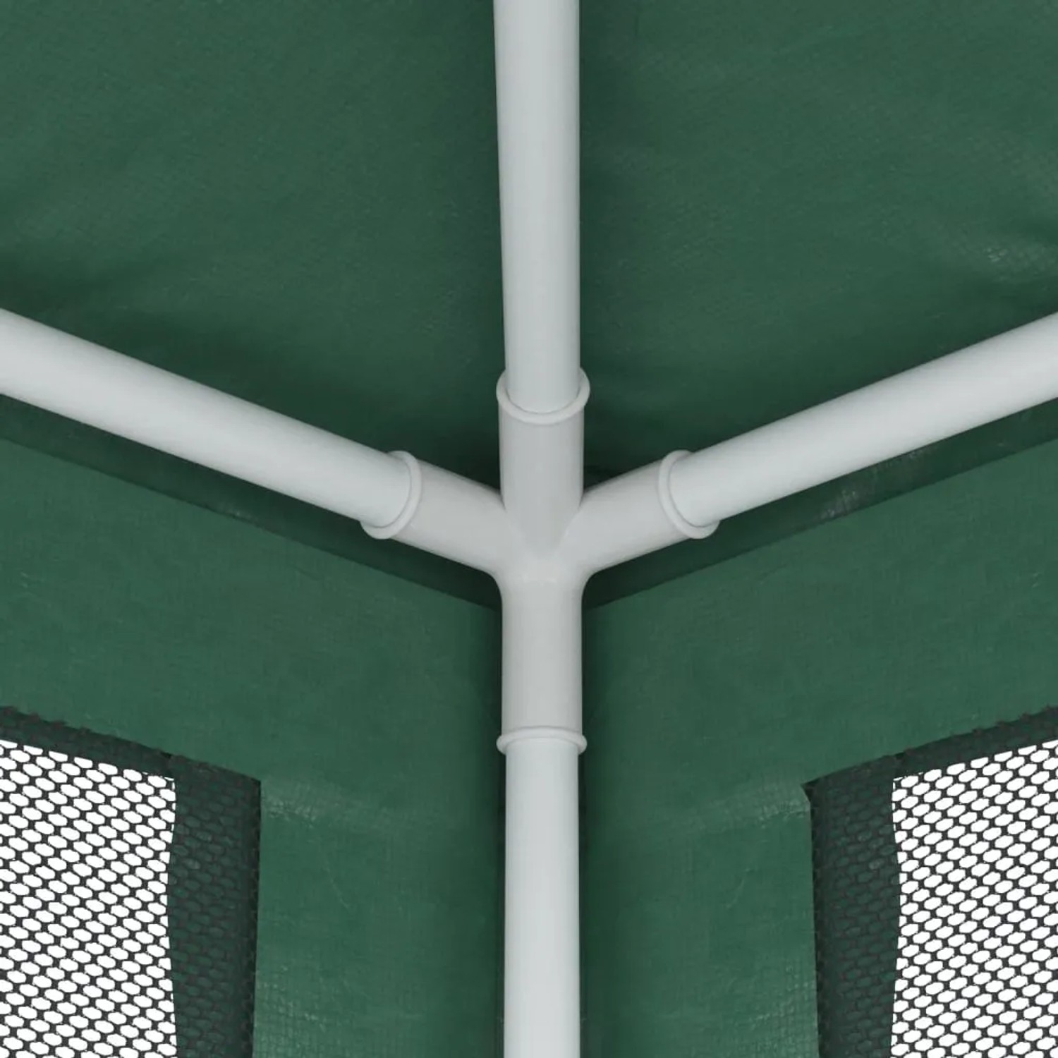Detailaufnahme des grünen vidaXL Partyzelts (3x4 m) mit Mesh-Seitenwänden und weißem Gestänge.