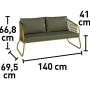 Abbildung des Lounge-Sofas aus dem 4-teiligen Lounge-Set Scafford mit Seilbespannung in Oliv, inklusive Maßangaben.