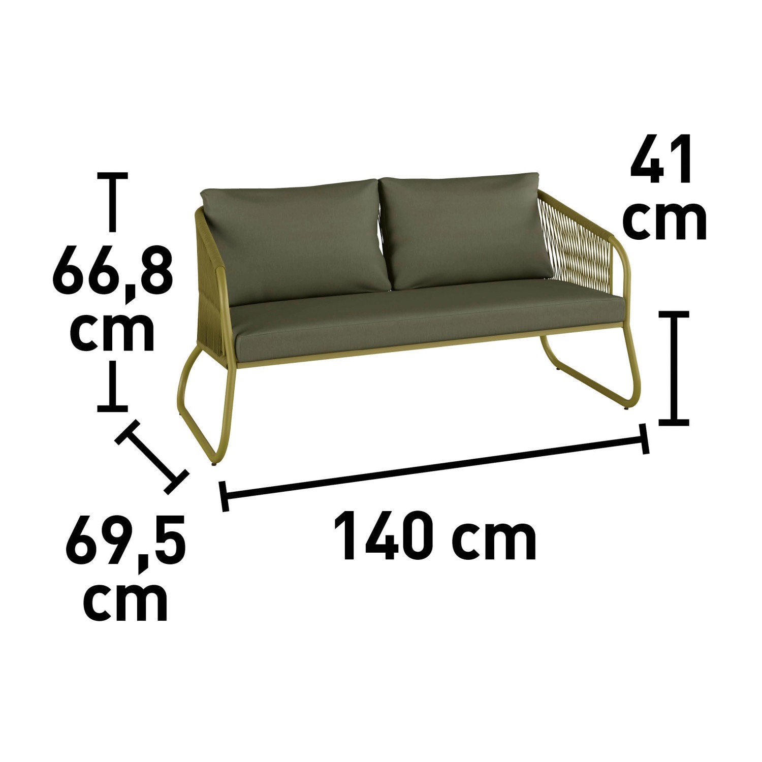 Abbildung des Lounge-Sofas aus dem 4-teiligen Lounge-Set Scafford mit Seilbespannung in Oliv, inklusive Maßangaben.