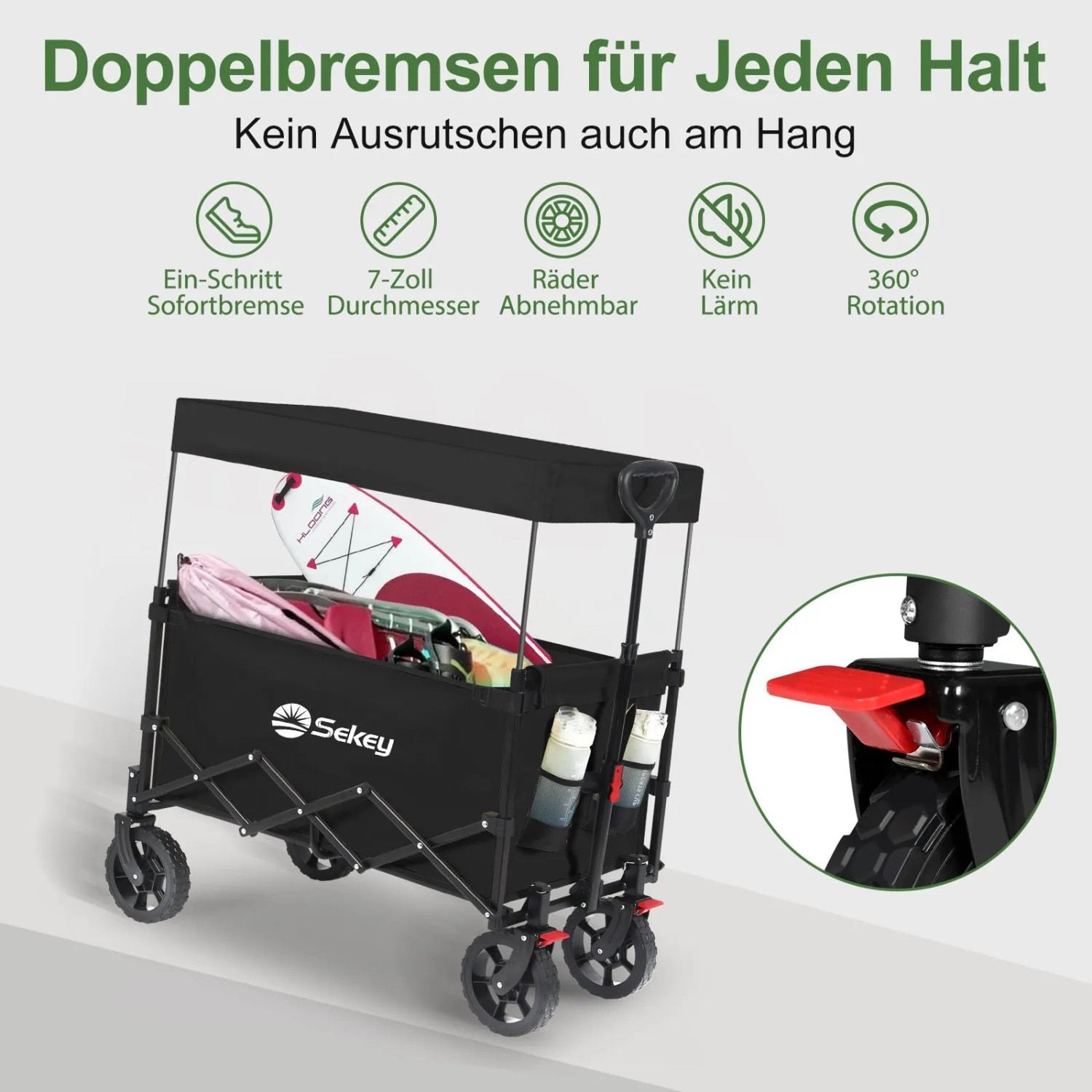 Sekey XXL Bollerwagen, faltbar, schwarz, mit Dach und Doppelbremse für Camping & Freizeit.