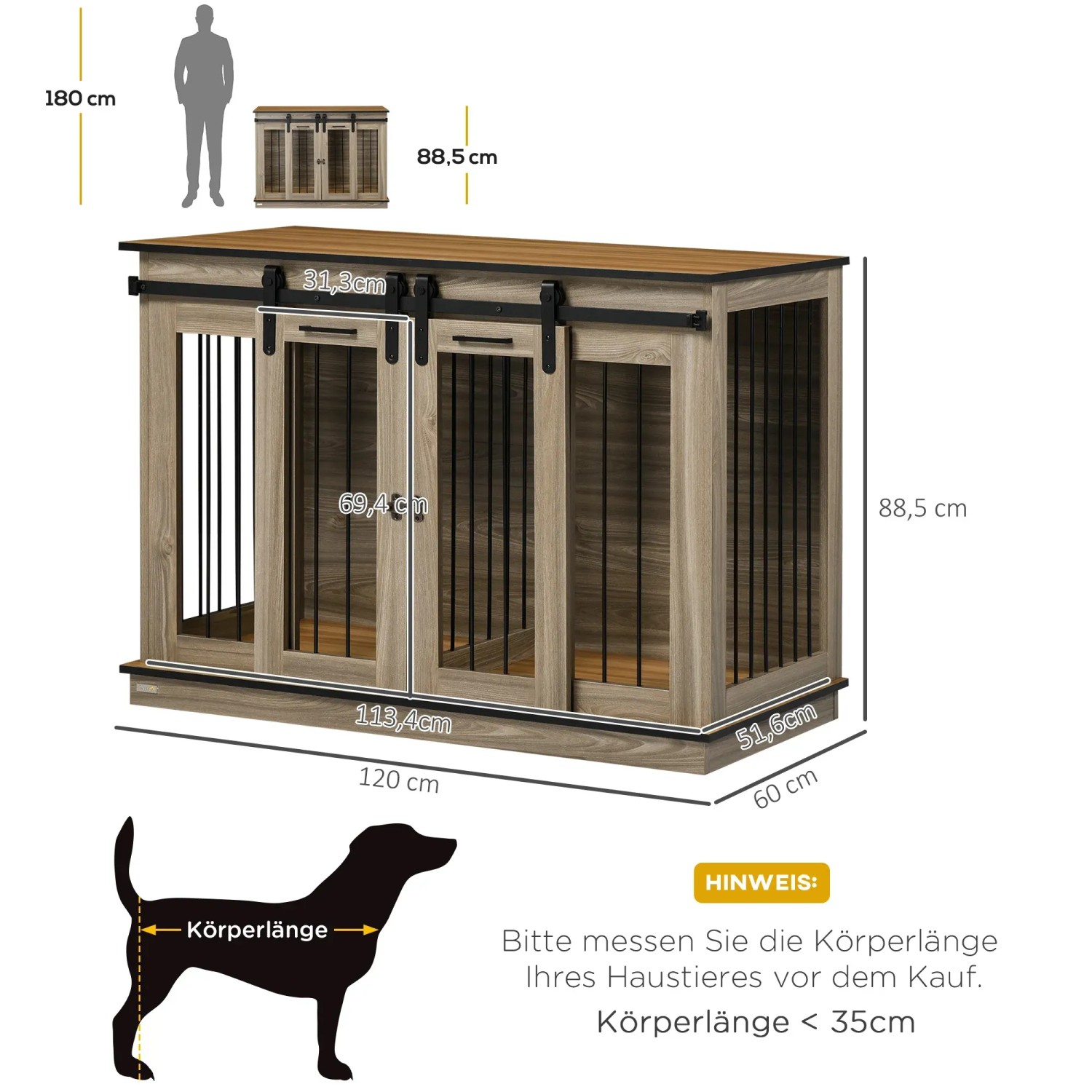PawHut Hundehütte Eiche mit Doppeltüren und Maßen. Ideal als flexibler Hundezwinger.