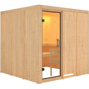 Karibu Sauna Rikka Natur: Elementsauna mit Glastür, Bänken und Ofenschutzgitter.