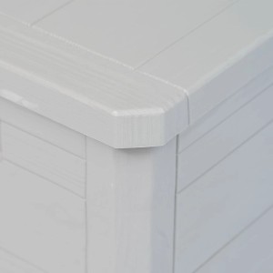 Detailansicht: Hellgraue furnicato Gartenbox 280L in Holzoptik. Universalbox für Gartenmöbel.