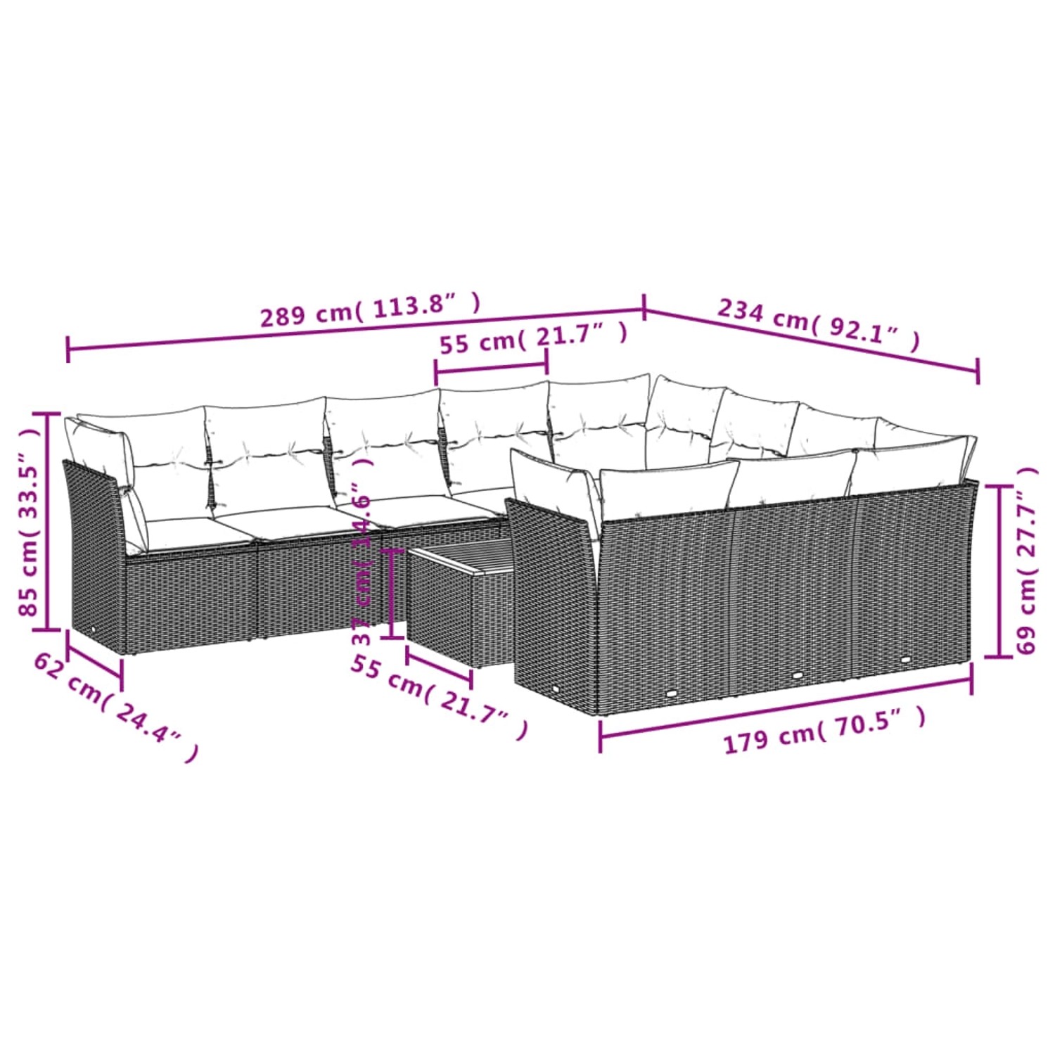 vidaXL 11-tlg Garten-Sofagarnitur mit Kissen Schwarz Poly Rattan Modell 52