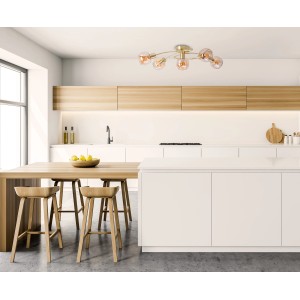 Näve Libby Spot-Deckenleuchte in Messing mit 5 amberfarbenen Gläsern als Blickfang im Raum.