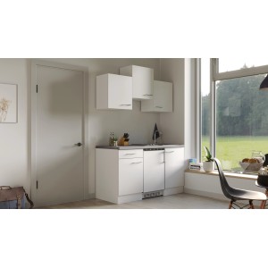 Flex-Well Singleküche Joelina, 150 cm, Weiß matt/Beton Grau, mit Kühlgerät und Kochfeld.