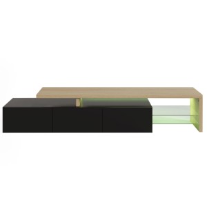 Schwarzer TV-Schrank in Holzoptik mit LED-Beleuchtung und Glasböden.