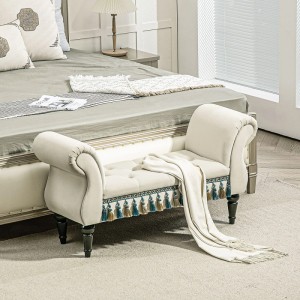 Beige HOMCOM Sitzbank in Samtoptik mit Holzbeinen, Vintage-Design, Knopfheftung und Quasten, als Bettbank.