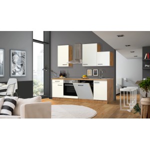 Flex-Well Küchenzeile Vintea 220 cm in Magnolia/Lancelot Oak mit E-Geräten und Spüle.