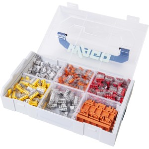 Wago Verbindungsklemmen Set in L-BOXX Mini mit verschiedenen Klemmen und Befestigungsadaptern.