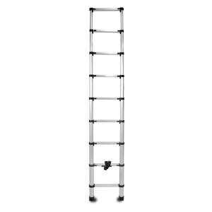 DRABEST Aluminium-Teleskopleiter, 9 Stufen, voll ausgefahren. Silberne Leiter mit schwarzen Details für Außenbereiche.