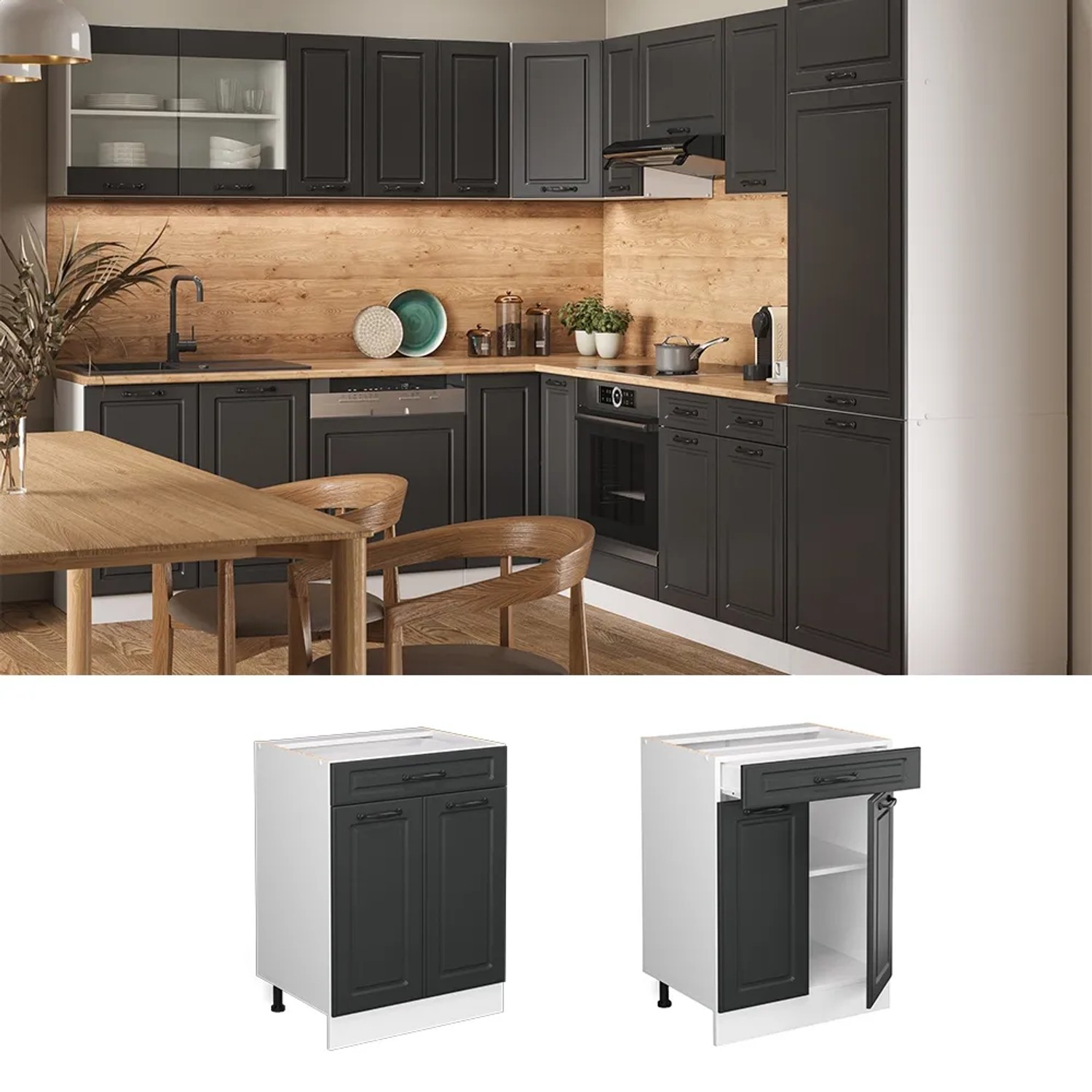 Vicco Küchenunterschrank R-Line, anthrazit/weiß, 60 cm mit Schublade und Eiche Arbeitsplatte.