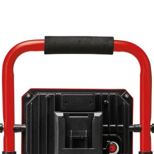 Einhell Akku-Lampe: Roter Tragegriff mit schwarzem Polster, schwarzes Gehäuse, Akku-Aufnahme & Drehdimmer.