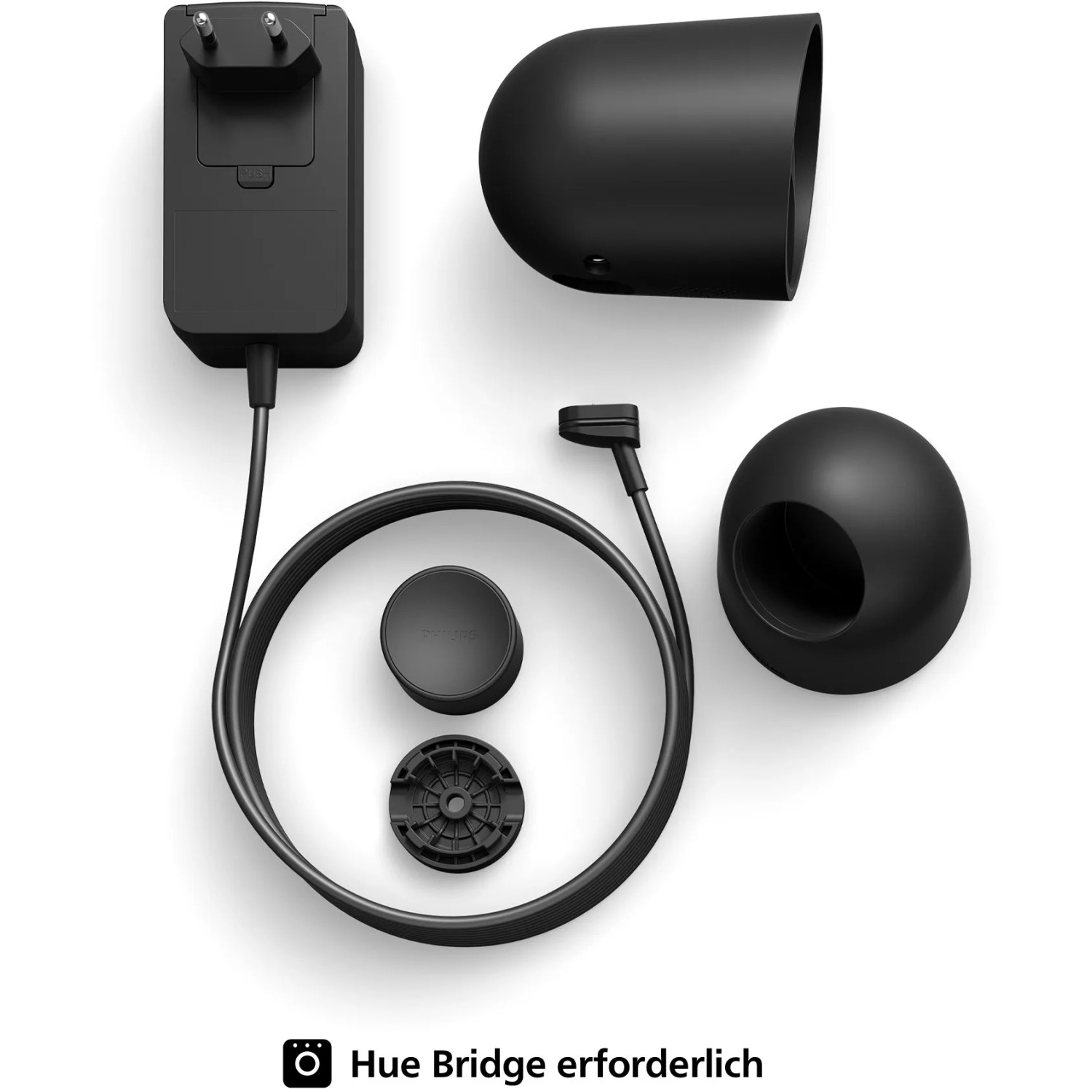 Philips Hue Secure Kamera (Kabel) mit Standfuß in Schwarz, Zubehör im Lieferumfang enthalten.