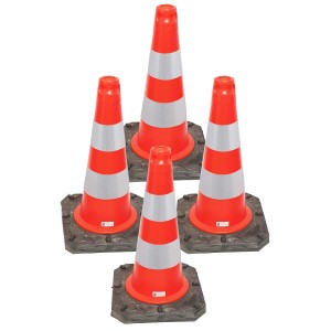 4er Set UvV Bigfoot Pylonen, 500mm, rot-weiß reflektierend, schwere Ausführung für Baustellenabsicherung.