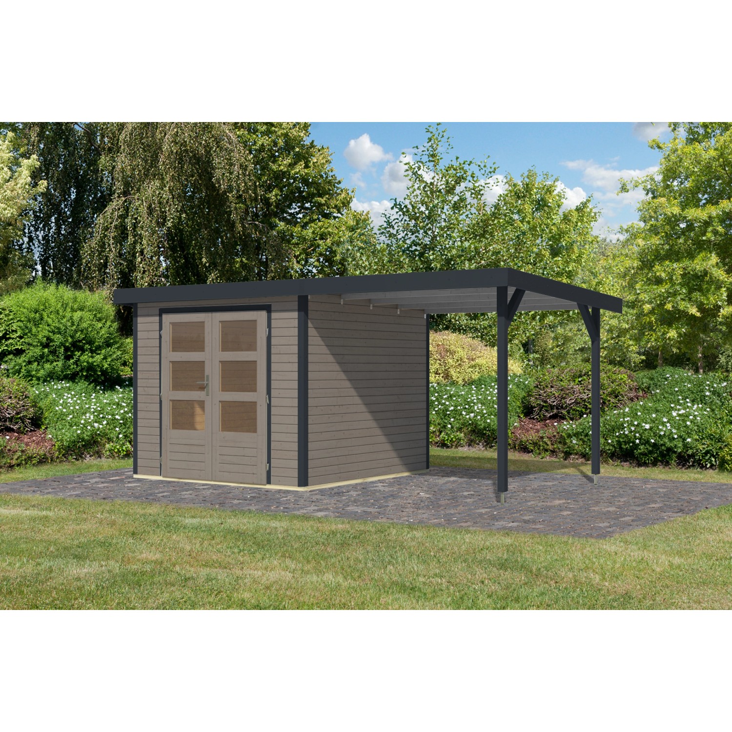 Karibu Gartenhaus Ernesto 3,5D Anbaudach Wassergrau/Anthrazit 209 x 238 x 2 günstig online kaufen