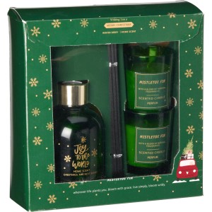 Duft-Set Elfenbein Winterbeere Mistelzweig: Diffuser, Duftkerzen im grünen Weihnachtsdesign.