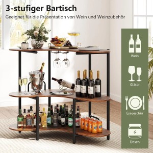 Costway Hausbar mit 3 Ebenen, Glashalter, braun, 120x66x102cm, für Wein und Zubehör.