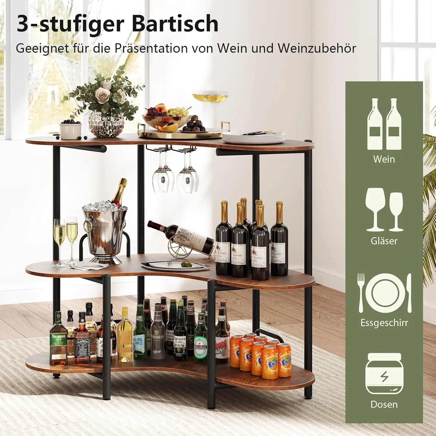 Costway 3 Ebenen Hausbar mit Glashalter Braun 120 x 66 x 102 cm_3