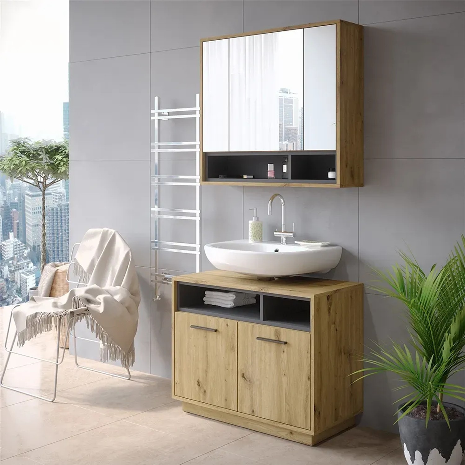 Vicco Badspiegelschrank Beatrice, Eiche/Anthrazit, 80x72 cm, mit drei Spiegeltüren im Badezimmer.