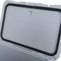 Geöffnete graue Lifetime Kühlbox Premium, Deckelinnenseite mit Dichtung und Logo.