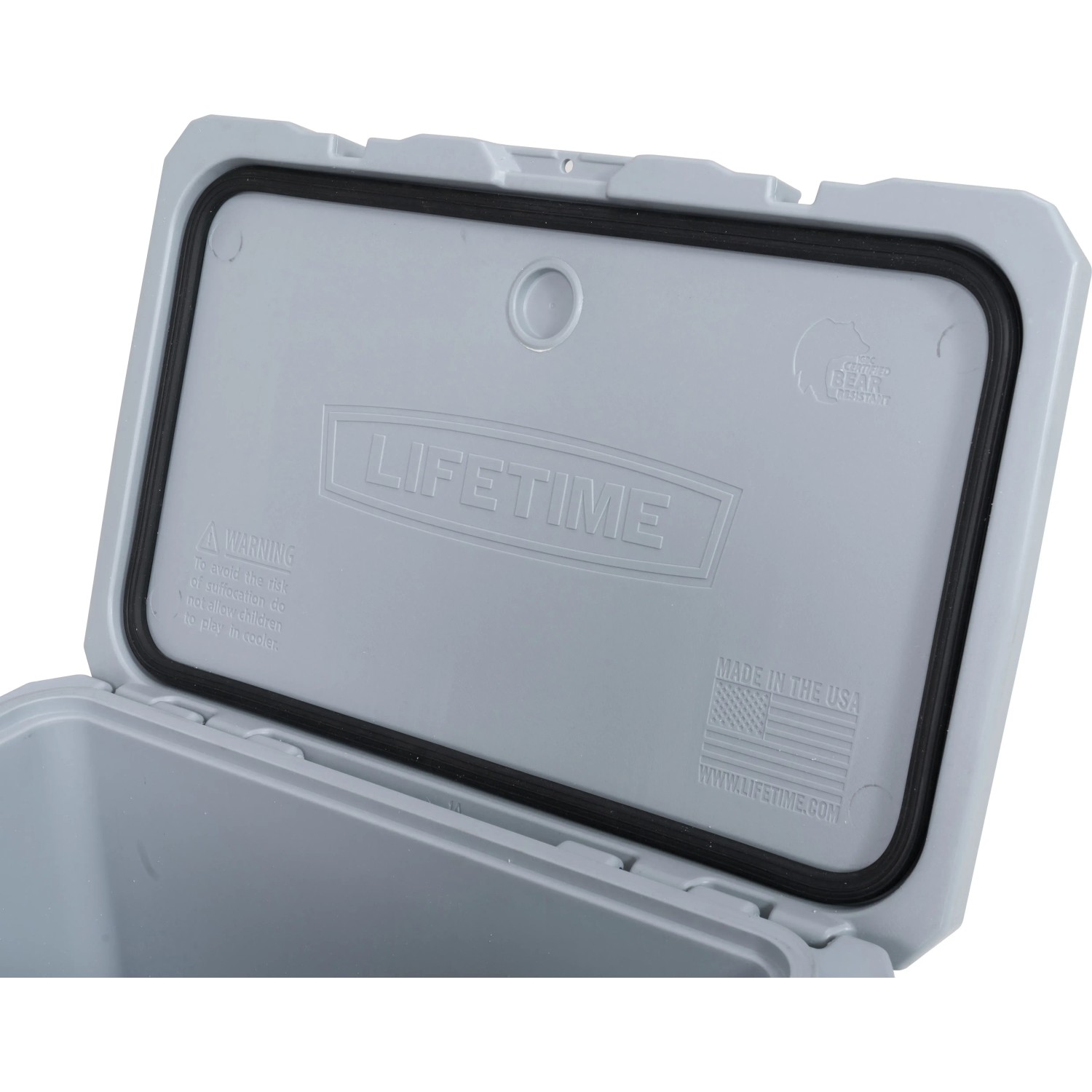 Geöffnete graue Lifetime Kühlbox Premium, Deckelinnenseite mit Dichtung und Logo.