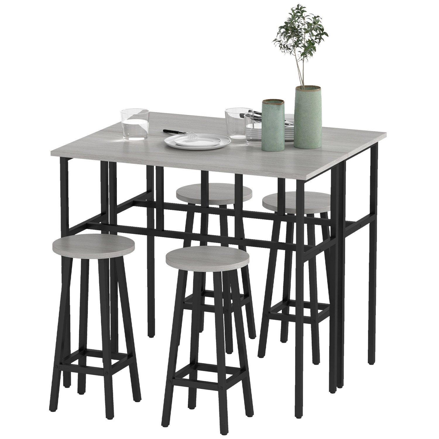 HOMCOM 2 Bistrotisch mit 4 Stühlen Hocker Spanholz Stahl Grau Schwarz günstig online kaufen