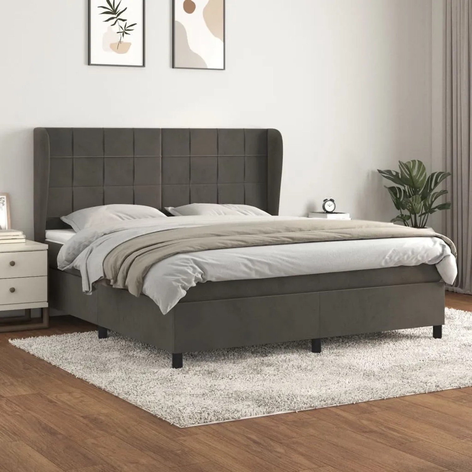 Dunkelgraues vidaXL Boxspringbett (160x200 cm) mit Samtbezug und Matratze.