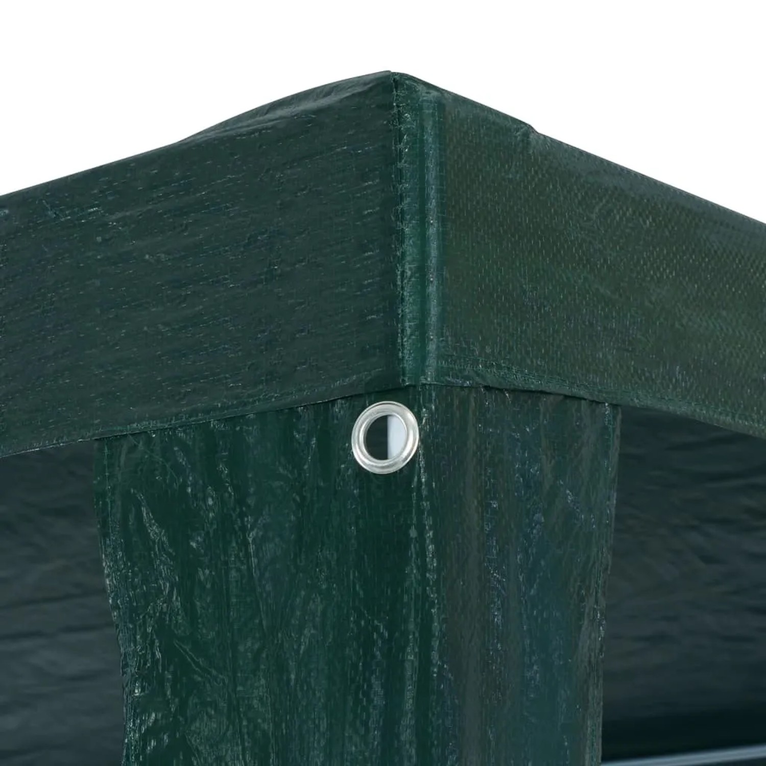 Detailaufnahme grünes Partyzelt 3x9m aus PE, Ecke mit Öse.