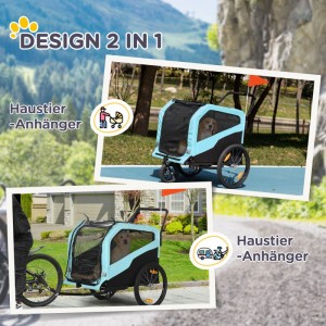 PawHut Hundeanhänger blau-schwarz, 2-in-1 als Hundefahrradanhänger und Hundewagen mit Hund. Netzfenster, Sicherheitsfahne.