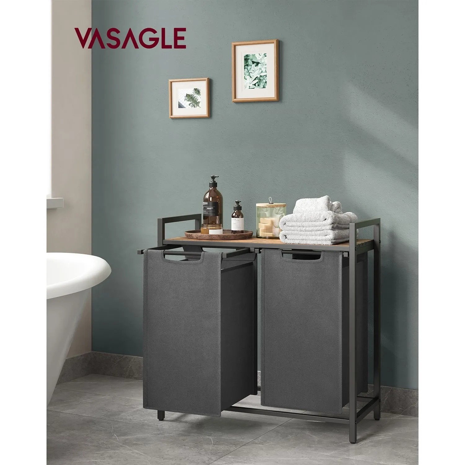 Vasagle Wäschekorb, braun-grau, mit 2 Fächern und Ablage im Badezimmer.